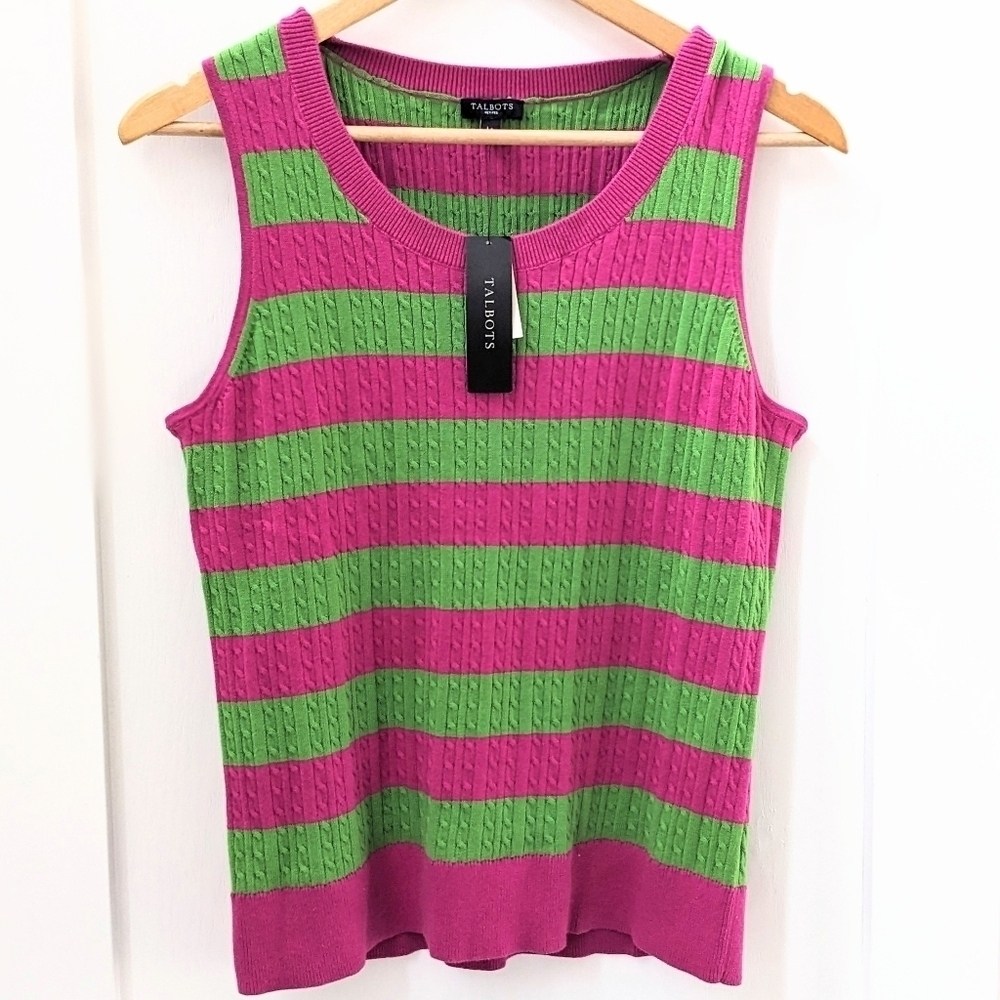 NWT Talbot's Petites Cotton CableKnit Sweater Vest Green Fuchsia Stripe Size L